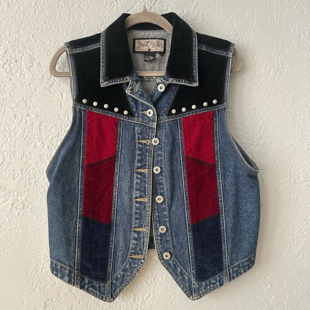 Vintage 90s Denim Velvet Patchwork Vest Studded Grunge Western Indie Boho Large